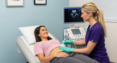 Female medical technician in scrubs performing an abdominal ultrasound on a smiling young woman lying on an examination table in a clinic, with the ultrasound monitor visible.の素材