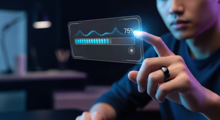 Young man hand wearing a smart ring interacts with a translucent holographic display showing a progress bar and data waveform in a dark room.の素材