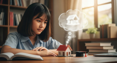 Young asian woman student thoughtfully looking at a miniature house model and graduation cap on a wooden desk, symbolizing future home ownership and educational aspirations.の素材