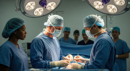Professional surgical team, including surgeons and nurses, performing a medical operation in a sterile hospital operating room under bright lights, emphasizing healthcare and teamwork.の素材