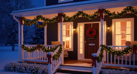 Festive house porch adorned with christmas garlands, twinkling lights, and a red wreath on the door, surrounded by snow at night.の素材