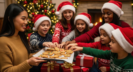 Diverse women and children in santa hats enjoying christmas cookies and gifts in a festive living room. happy family and friends celebrating holiday season together by a decorated tree and fireplace.の素材