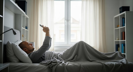 Man lying on his back in bed, covered by a light grey blanket, looking at his smartphone held above him. bright bedroom with window and shelves, depicting morning routine and technology use.の素材
