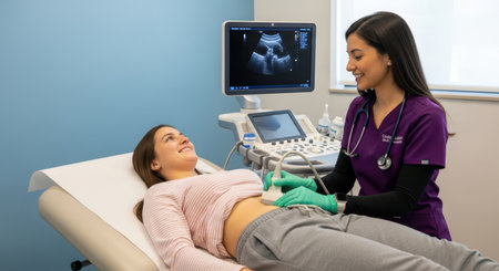 Female medical technician performs an abdominal ultrasound on a young woman lying on an examination table in a modern medical clinic, focusing on diagnostic imaging.の素材