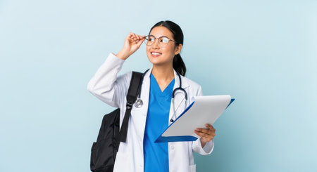 Young asian female medical student in lab coat and blue scrubs, holding a clipboard and papers, smiling. healthcare, education, future doctor.の素材