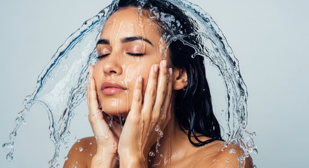 Young woman with dark hair, eyes closed, splashing cool water on her face. emphasizes freshness, beauty, and a clean skincare routine.の素材