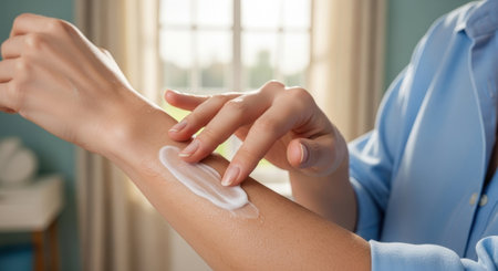 Woman hand applying white moisturizing cream to her forearm, focusing on dry skin relief, hydration, and daily skincare routine.の素材
