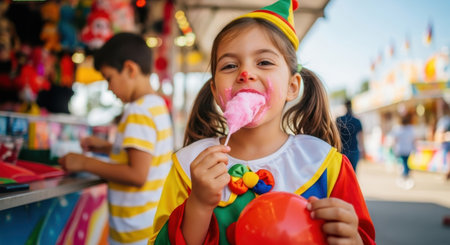 Young girl in colorful clown costume with painted red nose, eating pink cotton candy at an outdoor fair, with candy smeared on her face.の素材