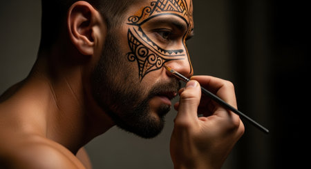 Man applying intricate tribal face paint design with a brush, showcasing cultural body art and artistic expression.の素材