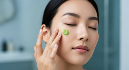 Young asian woman with closed eyes applying light green facial serum to her cheek. focus on natural skincare, beauty, and wellness routine.の素材