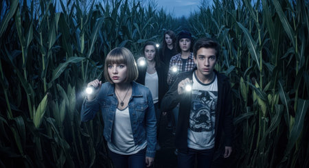 Group of young teenagers with flashlights cautiously walking through a dark, tall cornfield at night, appearing lost and exploring a mysterious path.の素材