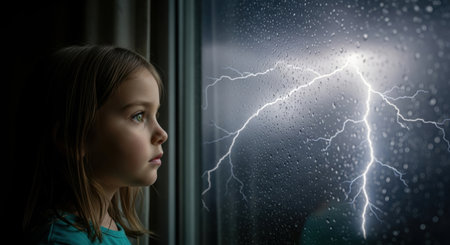 Young girl looking out a window at a powerful lightning storm with rain streaking down the glass. the dramatic weather creates a sense of awe and fear.の素材