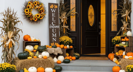 House entrance adorned with a vibrant autumn harvest display, featuring various pumpkins, colorful gourds, rustic hay bales, dried corn stalks, and a sunflower wreath.の素材