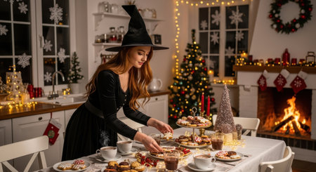 Young woman in a witch costume arranging festive christmas cookies and hot chocolate on a table in a cozy, decorated home with a fireplace.の素材