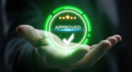 Human hand holding a glowing green digital icon displaying APPROVED with a checkmark and four stars, symbolizing quality, success, and validation.の素材