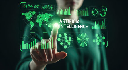 Hand interacting with a futuristic glowing green holographic interface showing artificial intelligence text, world map, and data charts.の素材