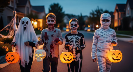 Group of children dressed as ghost, zombie, skeleton, and mummy, holding glowing pumpkin and skull lanterns while trick or treating on a residential street at twilight.の素材