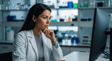Female scientist in a white lab coat intently analyzing data on a computer screen in a modern research laboratory, surrounded by scientific equipment.の素材
