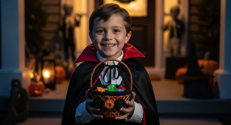 Smiling young boy dressed as a vampire, holding a basket of colorful candy on a decorated porch during halloween night.の素材