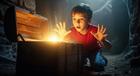 Young boy wide eyed surprise and awe as he discovers a glowing treasure chest in a dark, mysterious cave, light illuminating his face. concept of adventure and discovery.の素材