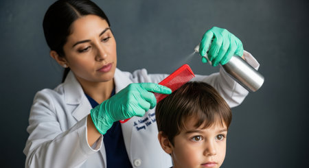 Female doctor in white coat and green gloves treating a young boy hair with a red comb and spray bottle for scalp care or lice treatment.の素材