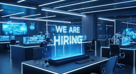 Holographic WE ARE HIRING message displayed in a modern, blue lit open plan office with futuristic technology and digital interfaces, symbolizing recruitment and innovation.の素材