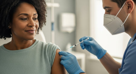 African american woman receives an injection in her arm from a masked doctor in a clinic, symbolizing health, prevention, and medical care.の素材