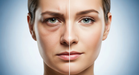 Woman face split vertically, illustrating the effects of aging with wrinkles and dark circles on one side, and the results of anti aging treatment with smooth, fresh skin on the other.の素材