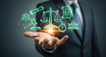 Businessman hand presenting a futuristic display of glowing green legal icons including scales of justice, gavel, and court building, symbolizing law and order.の素材