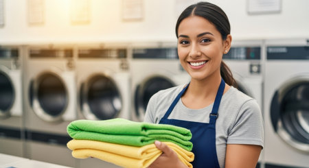 Smiling hispanic woman holding a stack of neatly folded green and yellow towels in a modern laundromat with washing machines in the background.の素材
