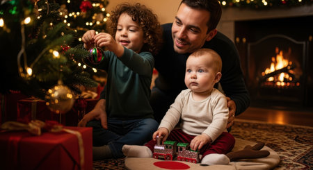 Father and two young children decorating a christmas tree in a cozy living room with a fireplace, surrounded by festive gifts.の素材