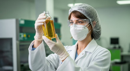 Female scientist in a sterile cleanroom examining a bottle of yellow liquid. she wears a lab coat, face mask, safety glasses, and gloves.の素材