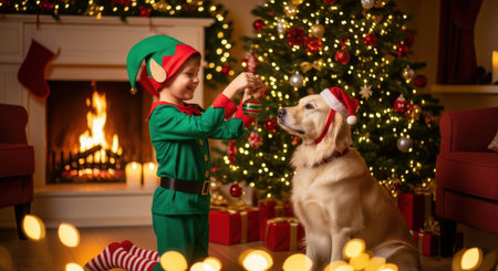 Smiling boy in elf costume and golden retriever in santa hat sitting by a decorated christmas tree and warm fireplace, surrounded by presents, celebrating holiday season.の素材