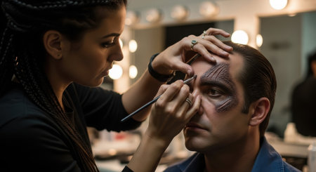 Professional makeup artist applies special effects makeup to a male actor face, creating theatrical scars in a backstage dressing room.の素材