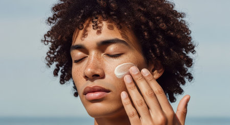 Young man with curly hair and freckles applying sunscreen to his cheek, eyes closed, for skin protection and care.の素材