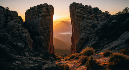 Colossal weathered rock formations stand tall, framing a vibrant sunset over a misty mountain valley, showcasing a dramatic natural landscape.の素材