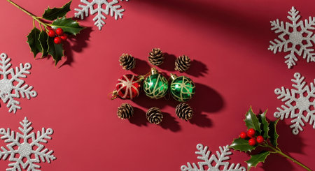 Vibrant red and green christmas baubles, natural pine cones, green holly branches with red berries, and sparkling silver snowflakes arranged on a solid red background, top view.の素材