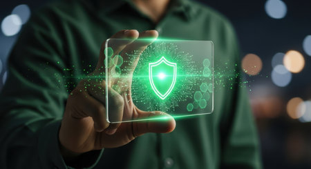 Male hand holding a transparent digital screen with a glowing green shield icon, symbolizing cybersecurity, data protection, and privacy.の素材