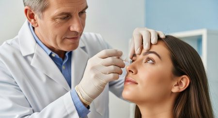 Male doctor in a white coat and medical gloves carefully administers eye drops to a young woman eye during a routine ophthalmology examination in a clinic.の素材