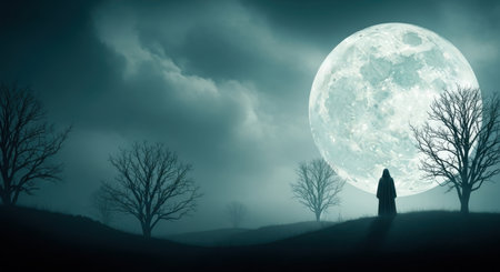 Cloaked figure stands on a desolate hill, silhouetted against a huge full moon in a mystical, foggy night landscape with bare trees.の素材