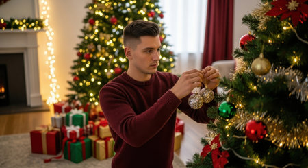Young man meticulously decorating a christmas tree with sparkling ornaments in a festive living room, surrounded by wrapped gifts.の素材