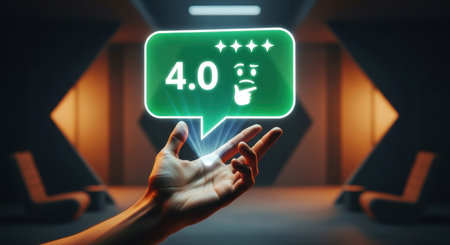 Human hand reaching towards a glowing green speech bubble displaying a 4.0 rating, four stars, and a thinking emoji, symbolizing customer feedback and digital evaluation.の素材