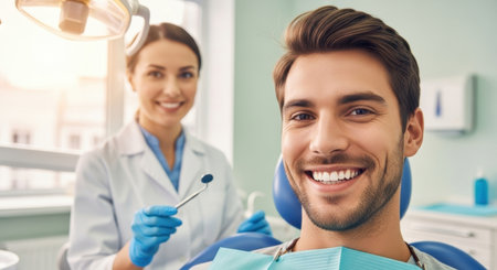 Happy male patient with a perfect white smile sitting in a dental chair, with a professional female dentist holding a dental mirror in a modern clinic.の素材