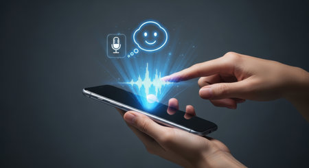 Human hand holding a smartphone displaying a glowing blue voice recognition waveform, with AI and communication icons.の素材