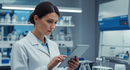 Female scientist in a white lab coat intently using a digital tablet in a modern, well equipped research laboratory, surrounded by scientific instruments and glassware.の素材
