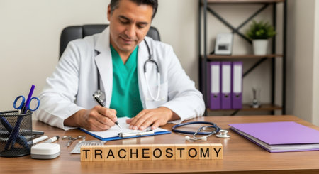 Doctor in a white coat and scrubs writing at a desk. stethoscope, medical instruments, and wooden blocks spelling TRACHEOSTOMY are visible on the table.の素材
