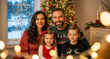 Family of four, man, woman, boy, and girl, smiling in festive winter holiday sweaters by a decorated christmas tree with twinkling lights.の素材