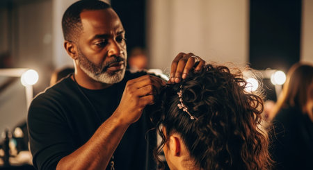 African american male hairstylist meticulously styling a woman curly hair into an elaborate updo with a decorative hairpiece in a professional backstage setting.の素材