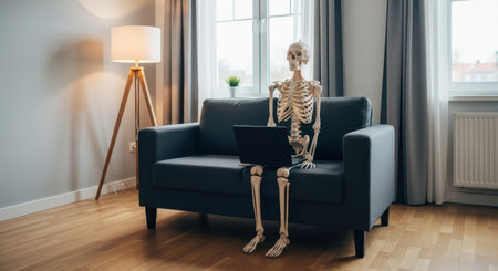 Anatomical human skeleton model sitting on a dark grey sofa with a laptop, symbolizing overwork, burnout, and endless tasks, in a modern living room setting.の素材