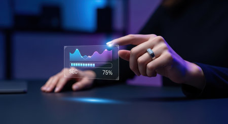 Person hand wearing a smart ring interacting with a futuristic holographic display, showing a dynamic data graph and a progress bar indicating 75% completion.の素材